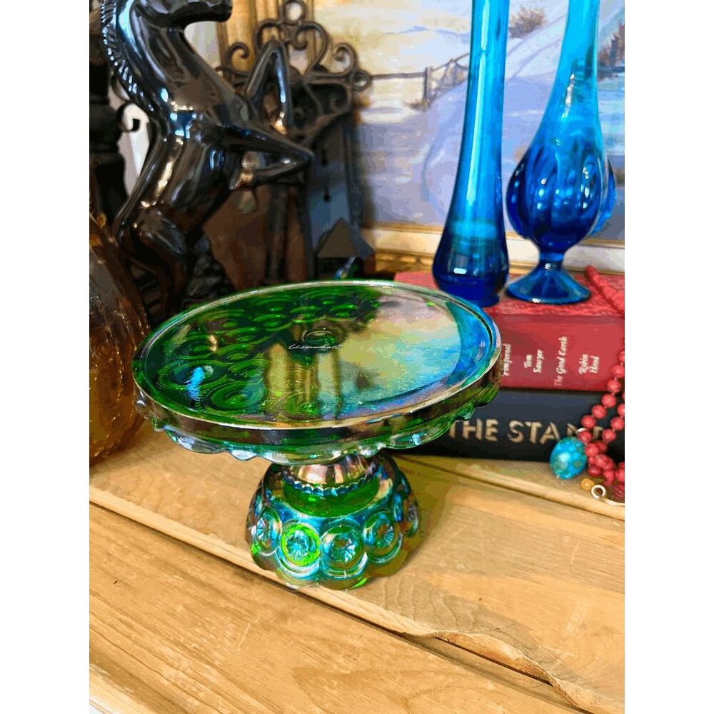 Weishar Glass Emerald Carnival Cake Plate Moon and Star 6 Inch Mini Pedestal Sta